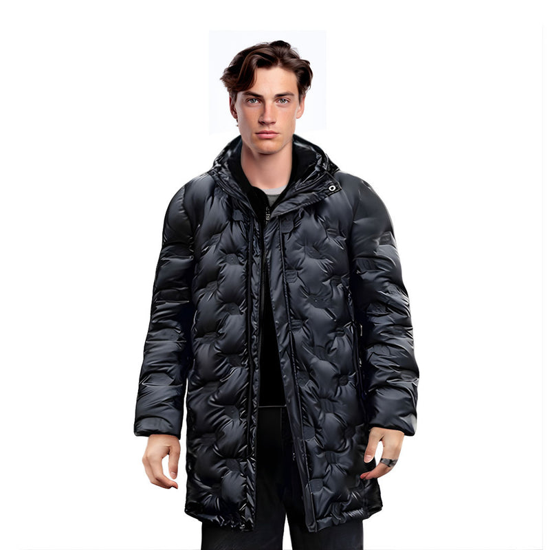 3XL Hooded Long Down Puffer Coat Black Quilted Polyester Elastane