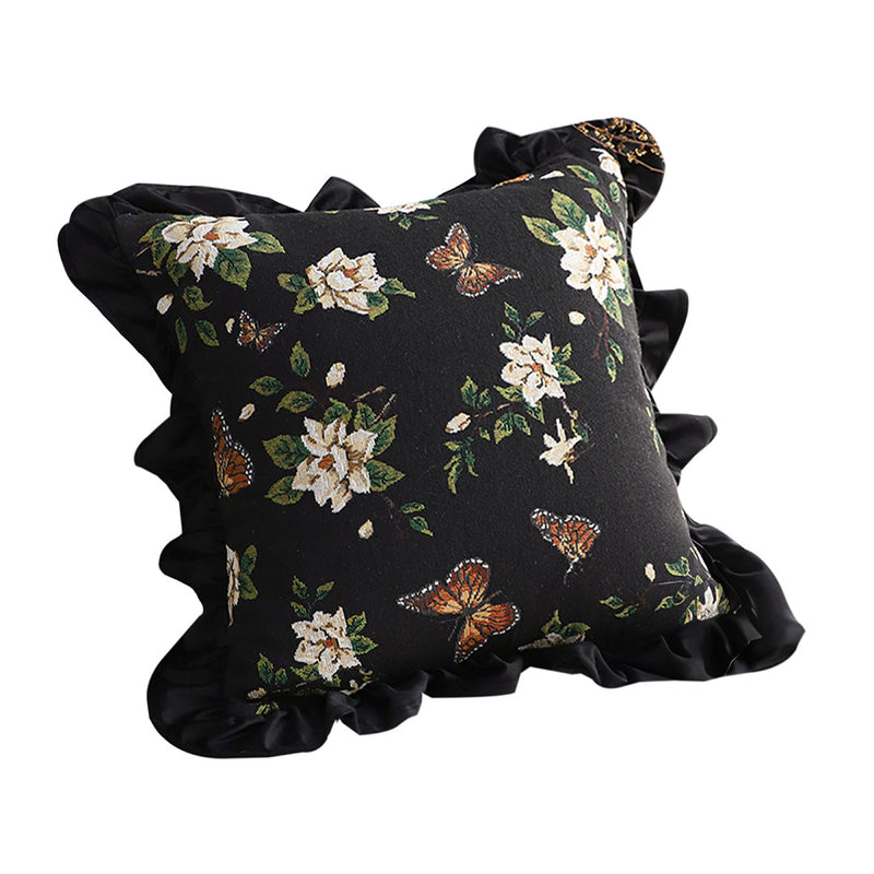 45cm Square Vintage Velvet Embroidered Throw Pillow 15cm Thick Black