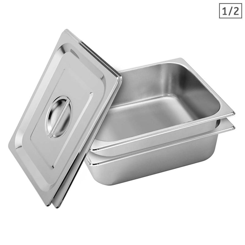 2X 1/2 Gastronorm Stainless Steel Pan 27x33x10cm With Lid Commercial