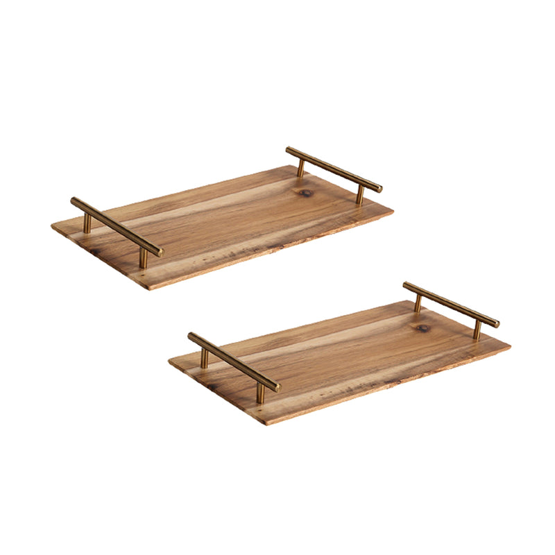 2X 36cm Brown Acacia Wood Rectangular Serving Tray Metal Handles