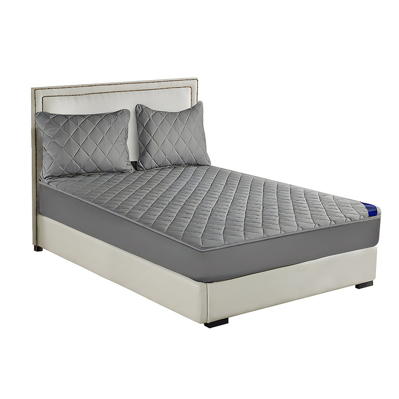 Quilted Stretch Mattress Cover Polyester 203x183x40cm Grey With 2 Pillow Covers