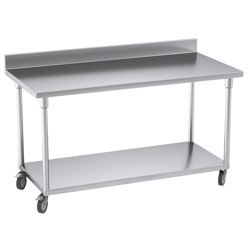 150cm Stainless Steel Prep Workbench Undershelf With Backsplash Casters 200kg