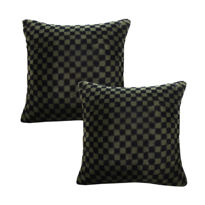 2X Velvet Square Throw Pillow 45cm Dark Green Checkered Soft Sofa Cushion
