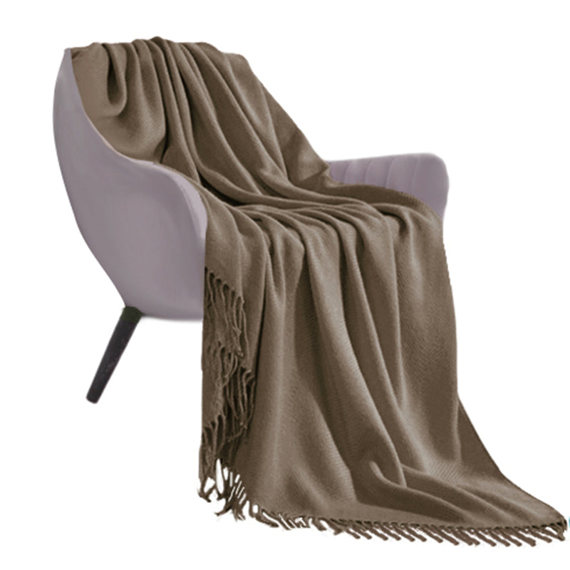 Acrylic Knitted Throw Blanket 130cmx220cm Fringed Cozy Coffee