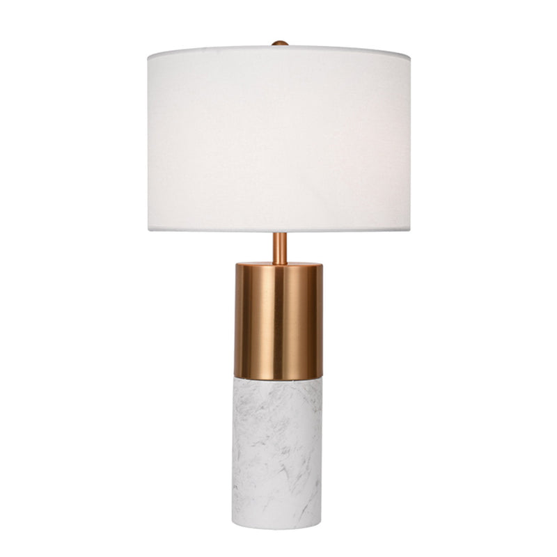 60cm White Marble Bedside Table Lamp Metal Fabric Drum Shade Plated Gold Base
