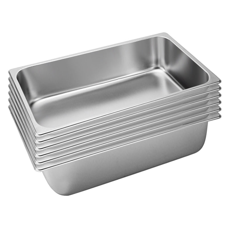 6X Full Size GN Pan 15cm Deep Stainless Steel Tray Anti Jam Stackable