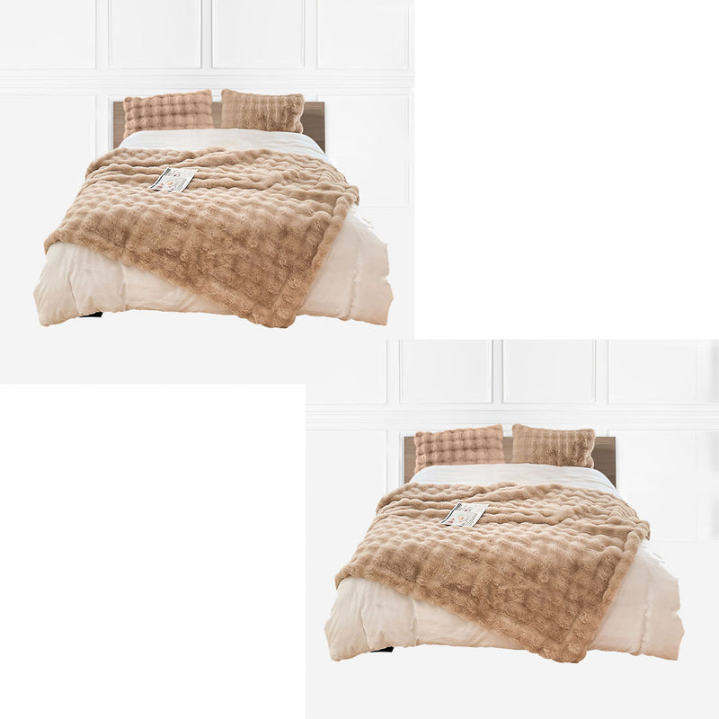 2X 200x230cm Polyester Faux Fur Throw Blanket Light Camel Super Soft