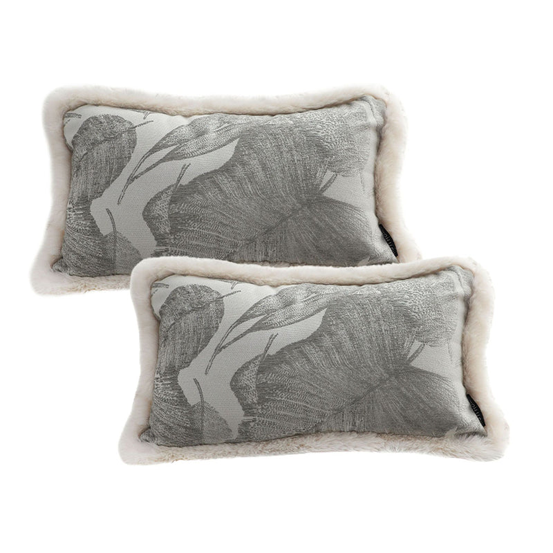 2X Rectangular Velvet Lumbar Throw Pillow 30x50cm Silver Raised Leaf Embroidery