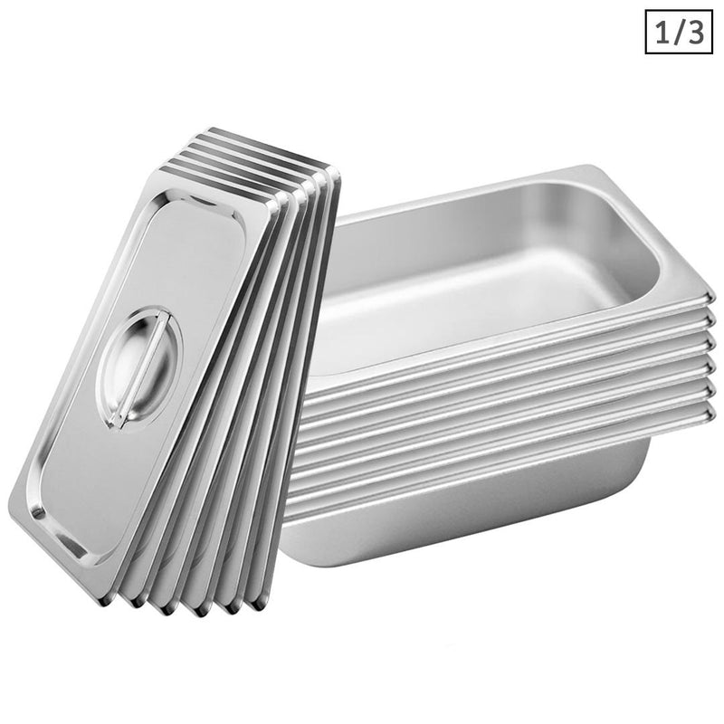 6X Full Size 1/3 GN Pan Stainless Steel Tray With Lid 6.5cm Deep Stackable