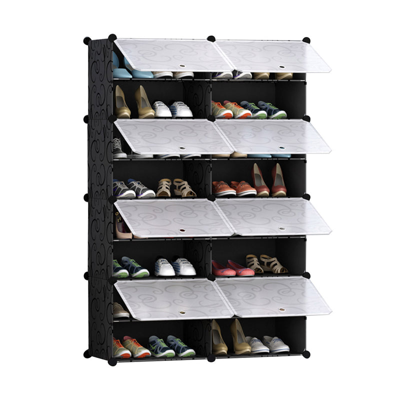 8 Tier 2 Column Shoe Rack Organizer 12 Shelves Plastic Stackable Cover Black