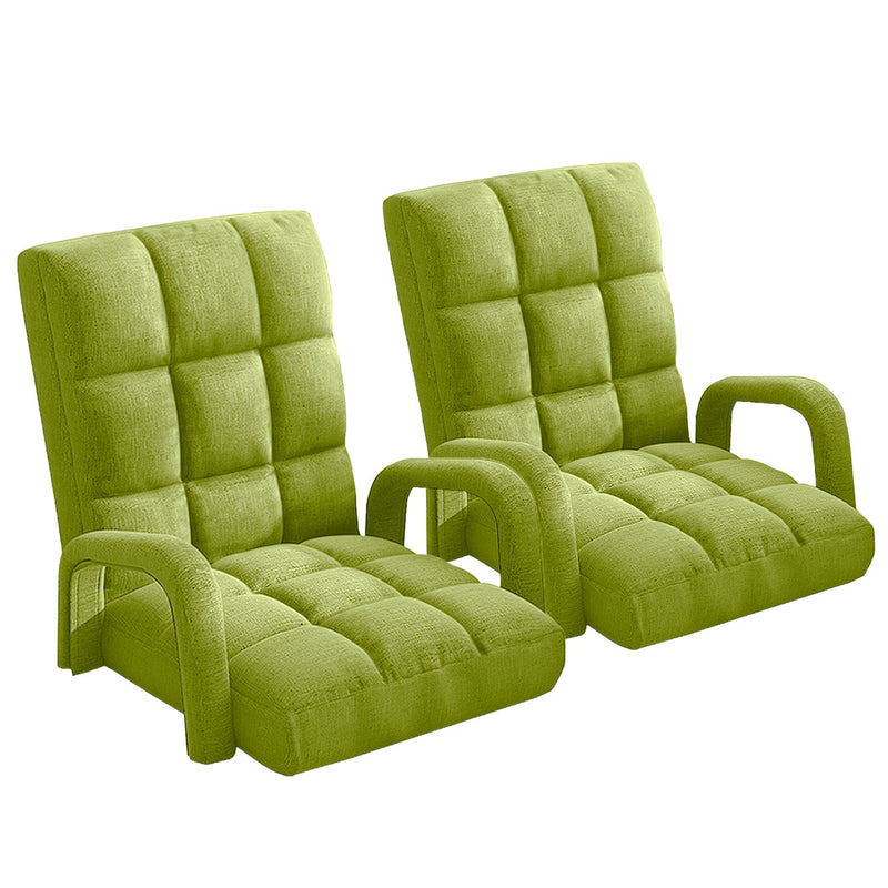 2X Foldable Adjustable Floor Recliner Chair With Armrest Yellow Green Linen