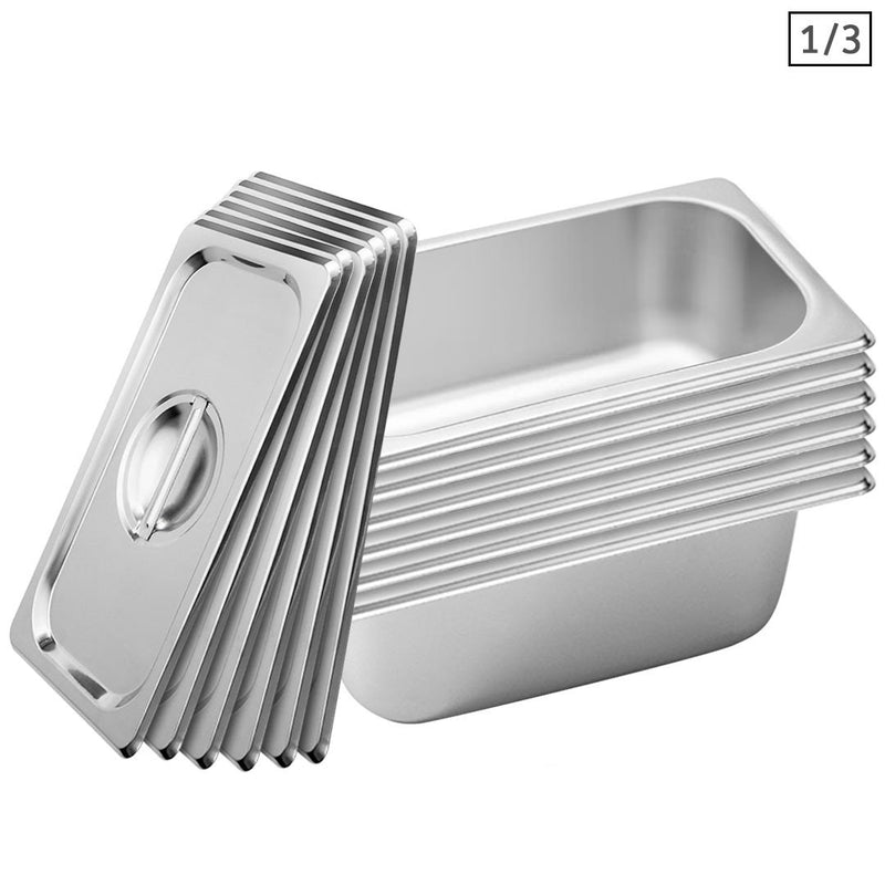 6X 1/3 Gastronorm Pan Stainless Steel 33.4cm x 18.2cm 10cm Deep With Lids