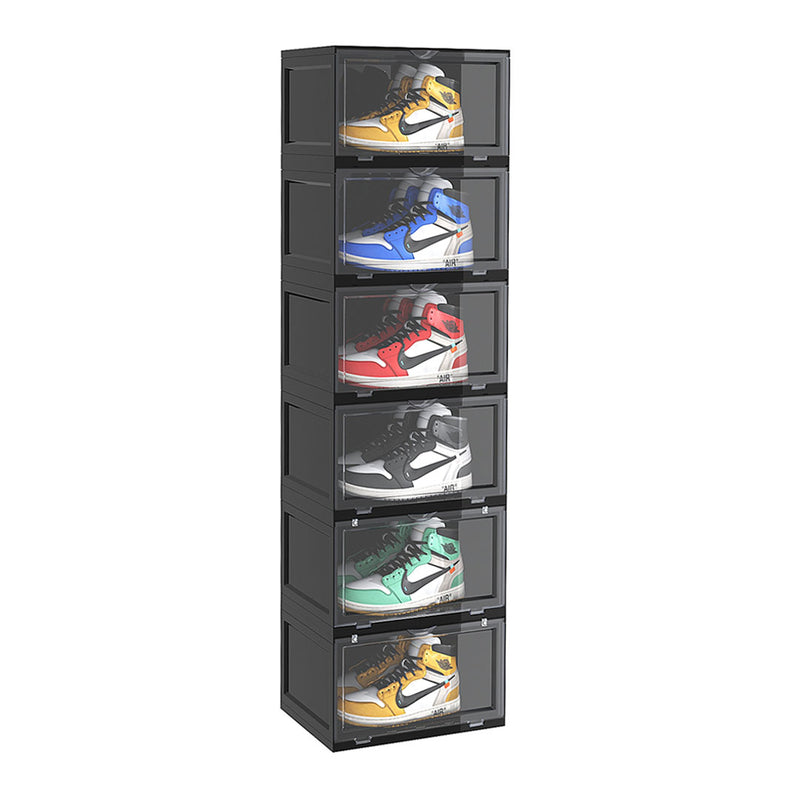 6 Tier Plastic Shoe Organizer Stackable Transparent Magnetic Door Black
