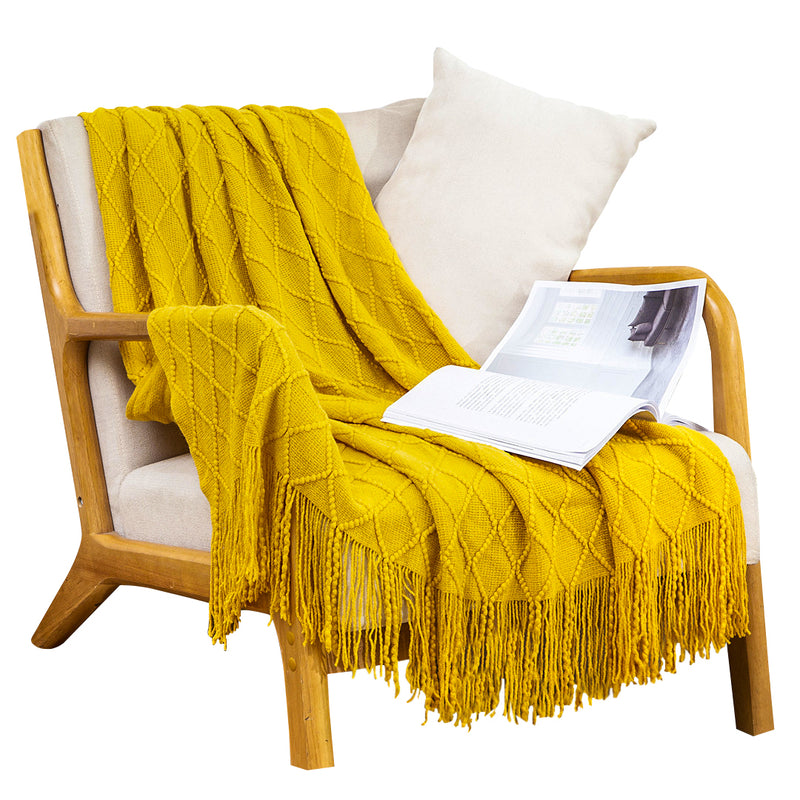 Knitted Acrylic Throw Blanket 130cmx230cm Diamond Jacquard Tassels Yellow