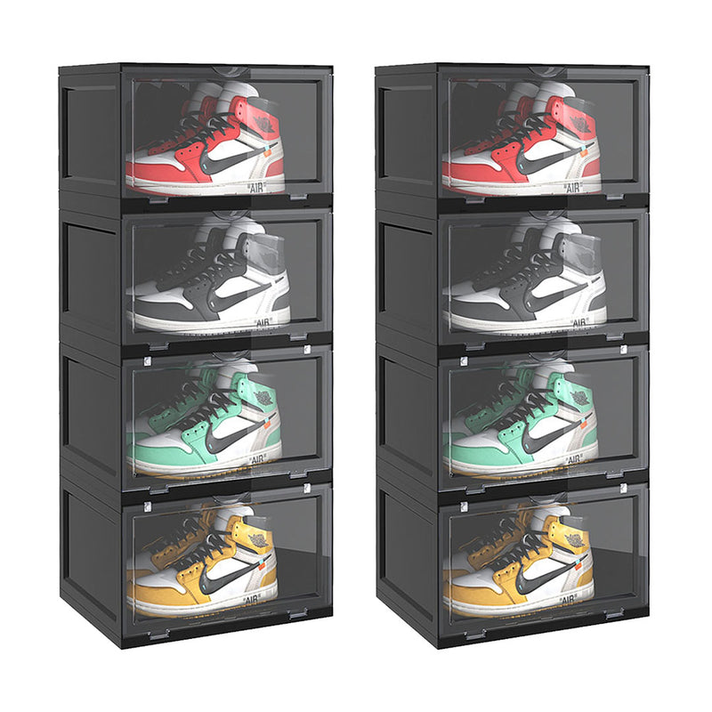 2X 4 Tier Shoe Organizer Black Plastic Stackable Storage Box with Magnetic Door