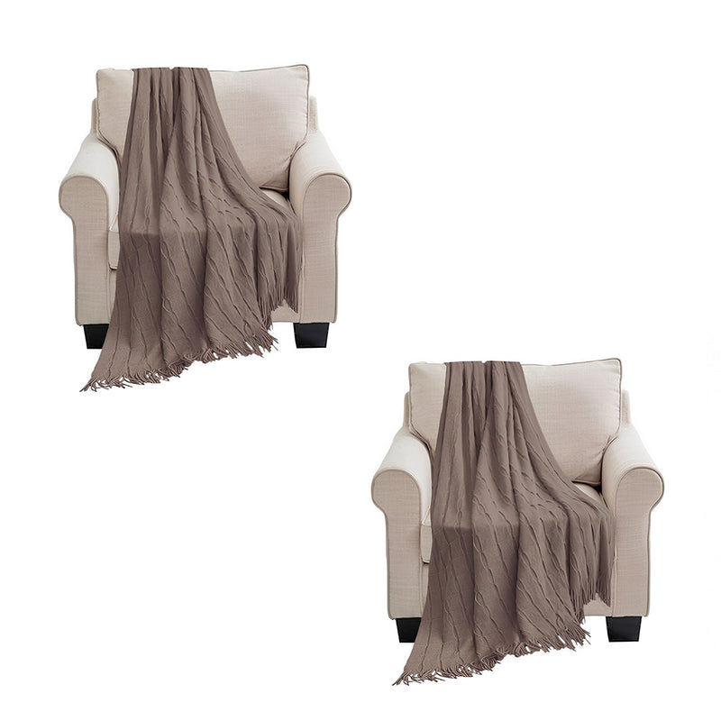 2X Knitted Throw Blanket 100% Acrylic 130x170cm Textured Cube Tassels Coffee