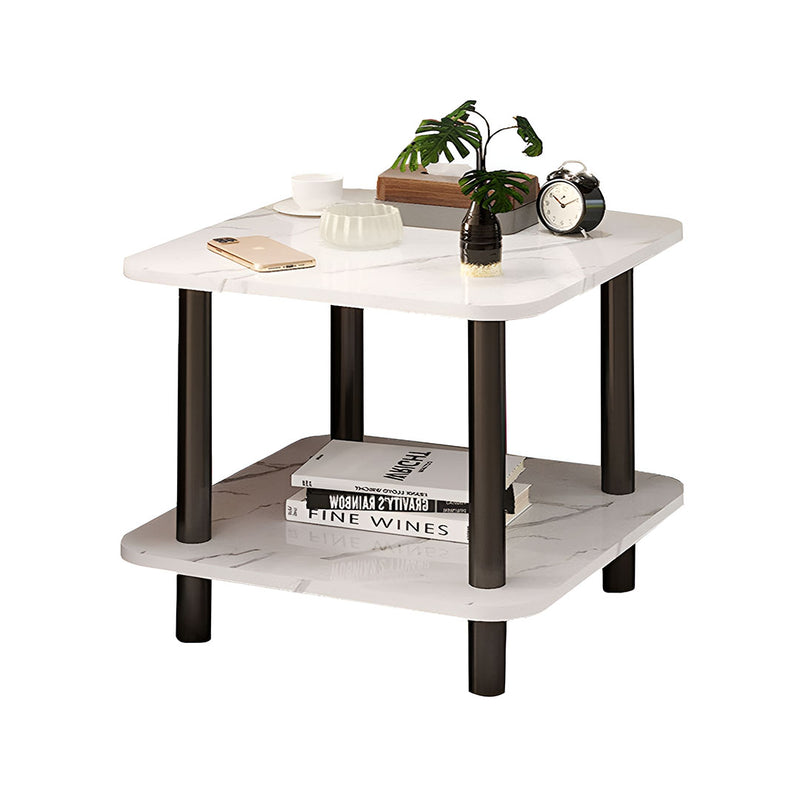 60x60x53cm White Ceramic Side Table Stone Pattern Black Metal Legs