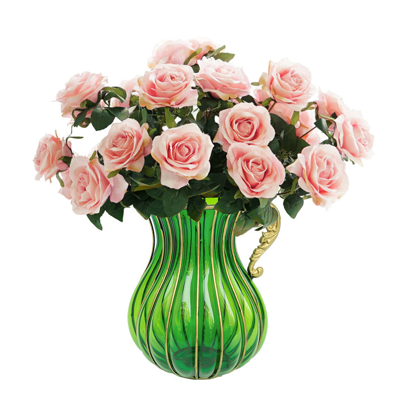 Green Glass And Gold Metal Vase 16x29cm 4 Bunch 9 Heads Silk Roses 50cm