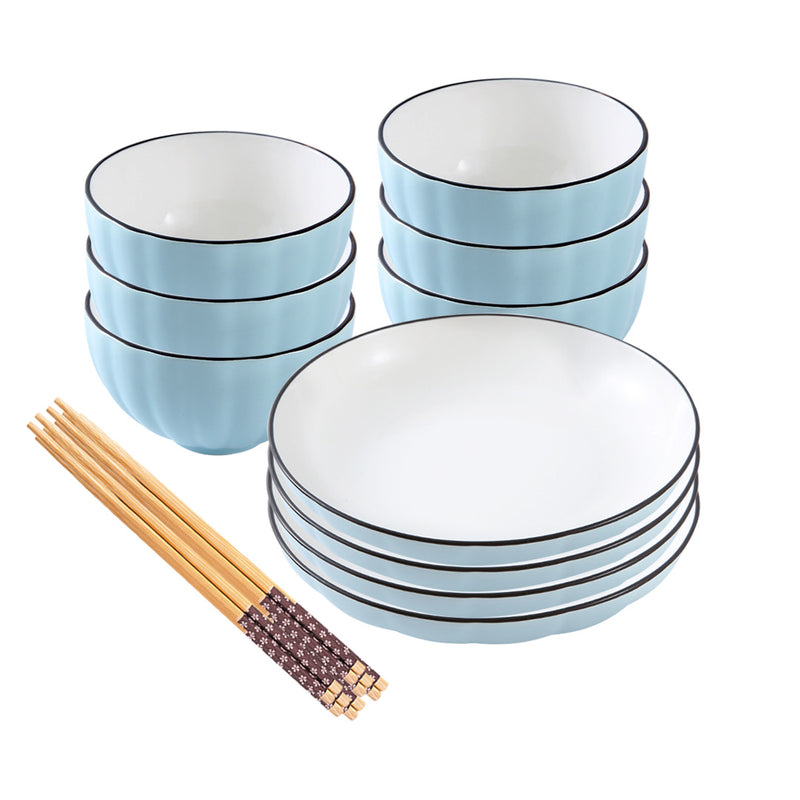 Blue Ceramic Dinnerware Set of 10 Japanese Style 4.5in Bowls 7.5in Plates