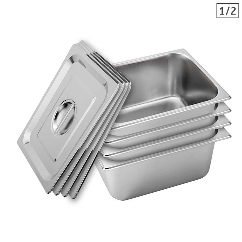4X Stainless Steel Gastronorm Pan Set Full Size 15cm Deep With Lid Heavy Duty