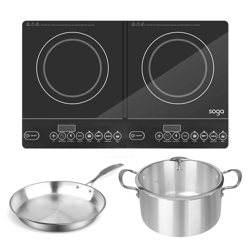 Dual Induction Cooktop 2 Burners 28cm Tri Ply Stainless Casserole 28cm Fry Pan