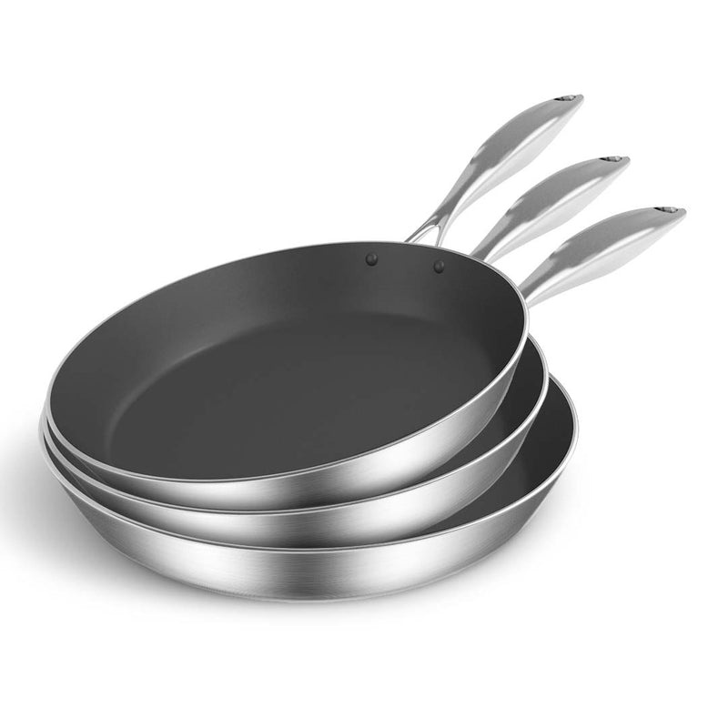 3X Stainless Steel Fry Pan Set Non Stick Induction Skillet 24cm 28cm 30cm