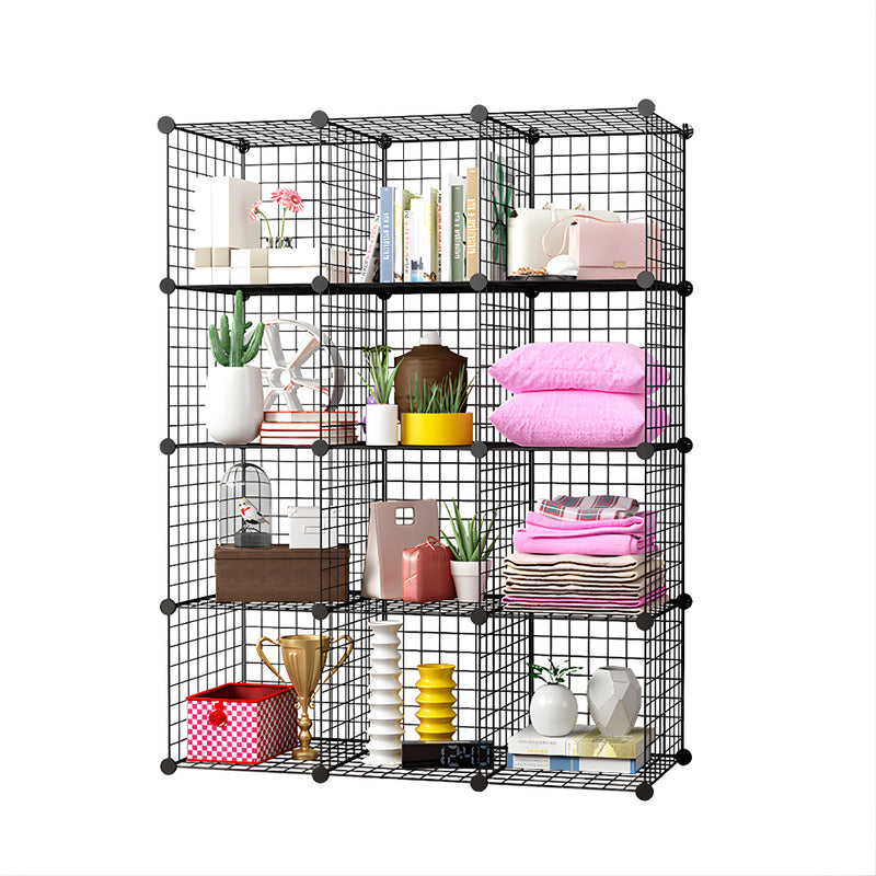 12 Cube Portable Wire Mesh Storage Organizer Foldable 110.5x37x146cm Black
