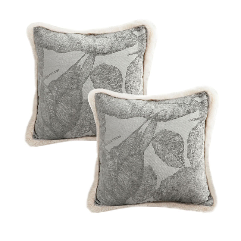2X 45x45cm Velvet Square Throw Pillow Silver Embroidered Leaf 15cm Thick