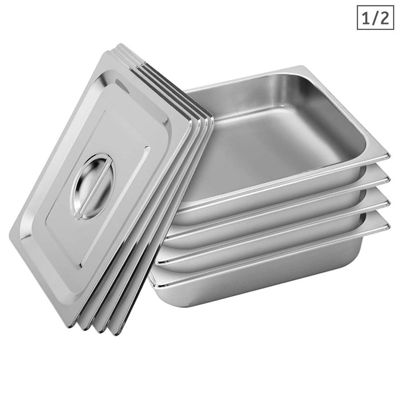 4X 1/2 GN Stainless Steel Gastronorm Pan 27X33X6.5Cm With Lids
