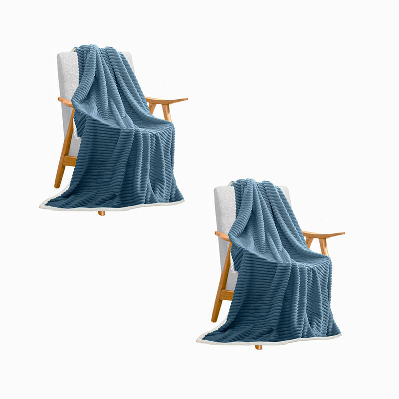2X Blue Thick Flannel Polyester Throw Blanket 200x220cm Double Sided Heavyweight