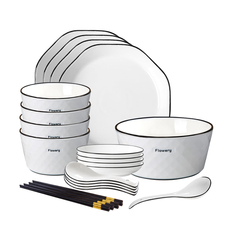 Diamond Pattern White Ceramic Dinnerware Set of 13 8 Inch Plate 4.5 Inch Bowl