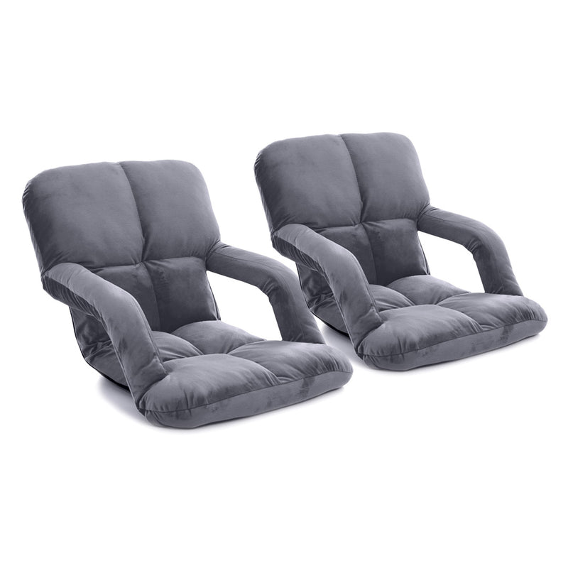 2X Foldable Adjustable Floor Recliner Chair with Armrest High Back Grey Flannel