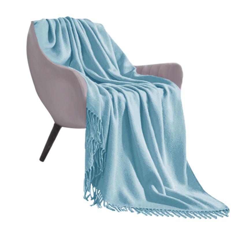Acrylic Knitted Fringed Throw Blanket Sky Blue 130cmx220cm Cozy
