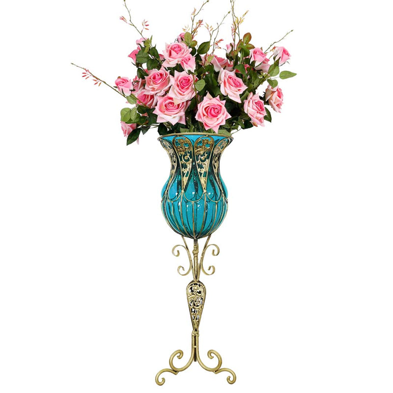 85cm Blue Glass And Gold Metal Tall Floor Vase 12pcs Pink Artificial Flowers