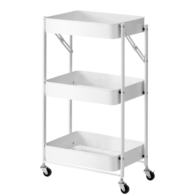 3 Tier Carbon Steel Foldable Kitchen Cart White Locking Wheels 10Kg Per Shelf