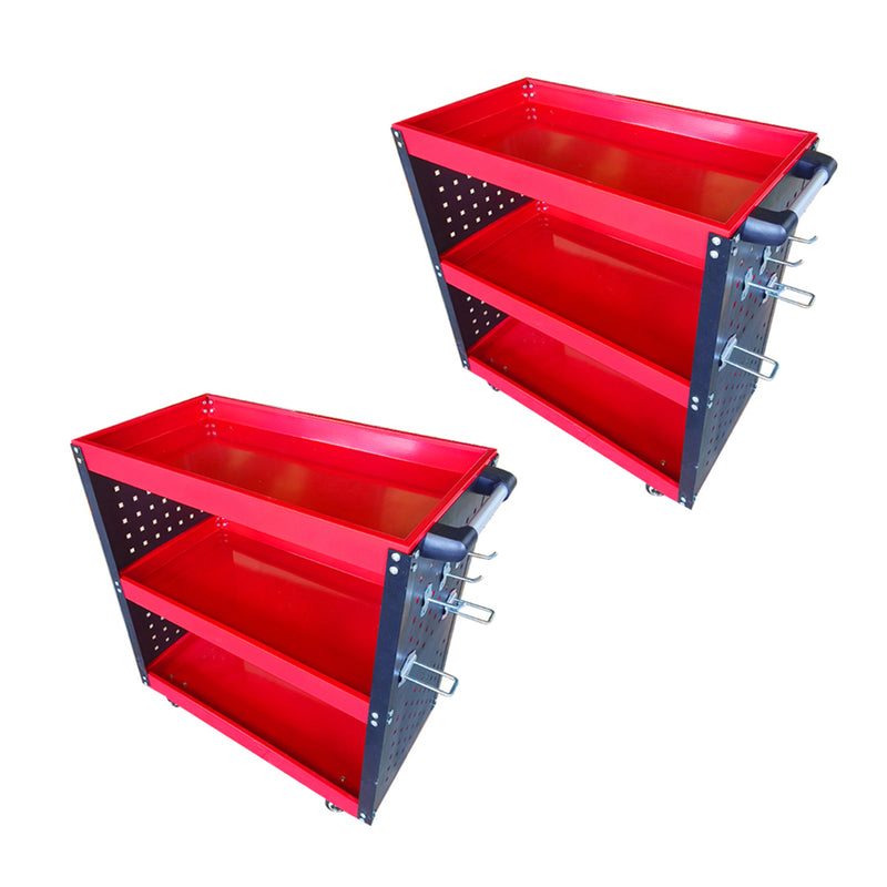 3 Tier Tool Storage Cart Portable Heavy Duty Steel Red with Hooks 66x36x73cm