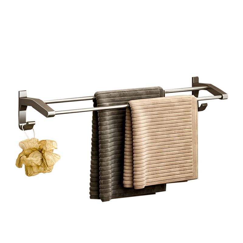 62cm Aluminum Wall Mounted Double Pole Towel Rack Gray Rust Proof With Hooks