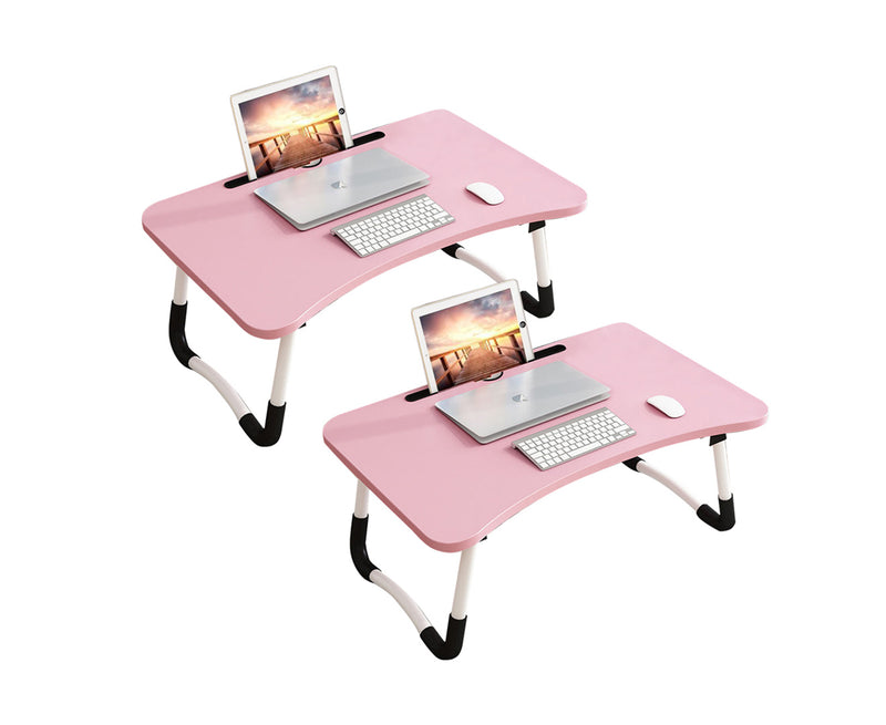 2X Pink Foldable Bed Table Mdf Aluminum Frame 60x40x28cm Laptop Stand Card Slot