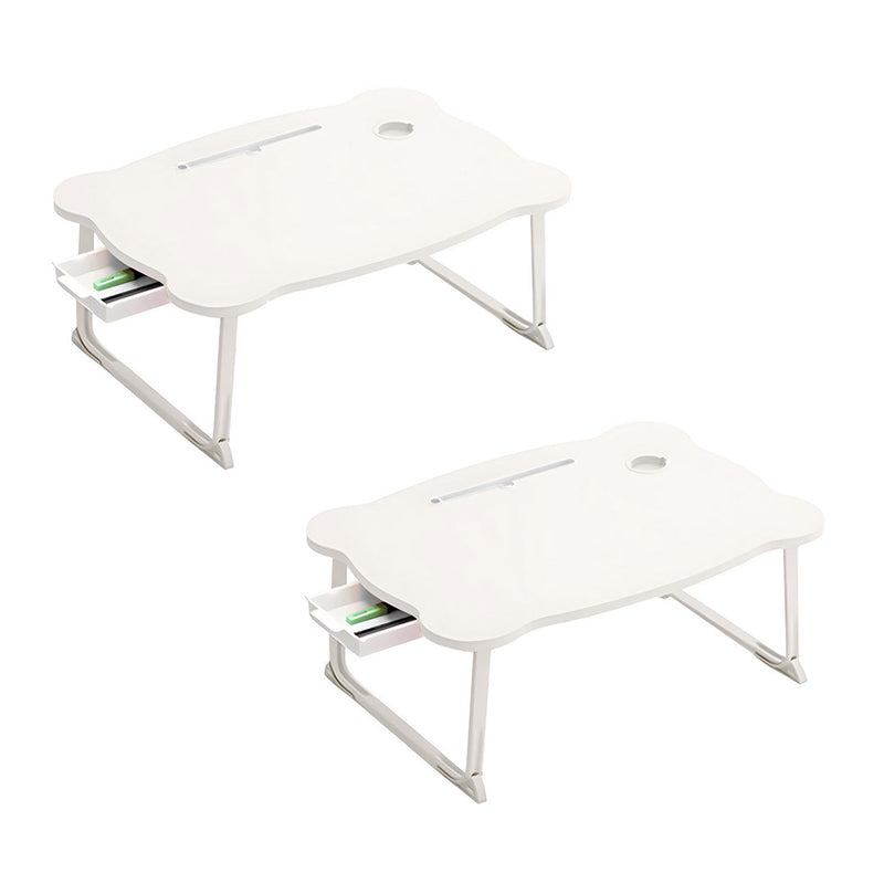 2X Folding Bed Table Particleboard Metal 60x48x28cm White Mini Drawer Cup Holder