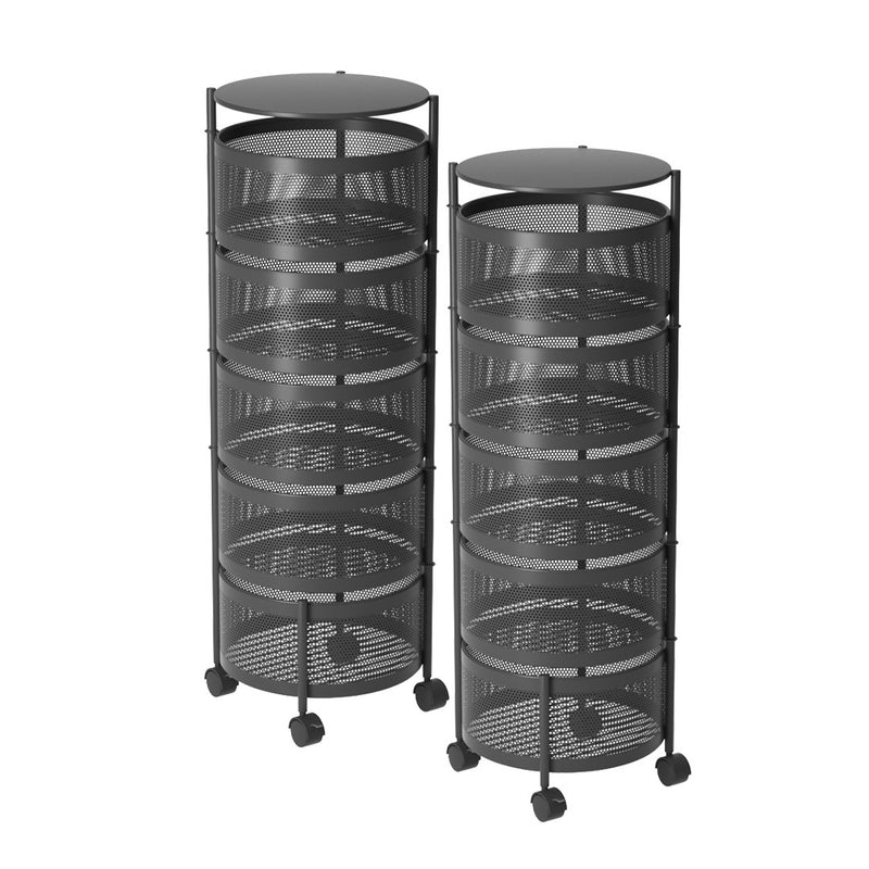 2X 5 Tier Rotating Kitchen Cart Carbon Steel Shelves Black With Wheels