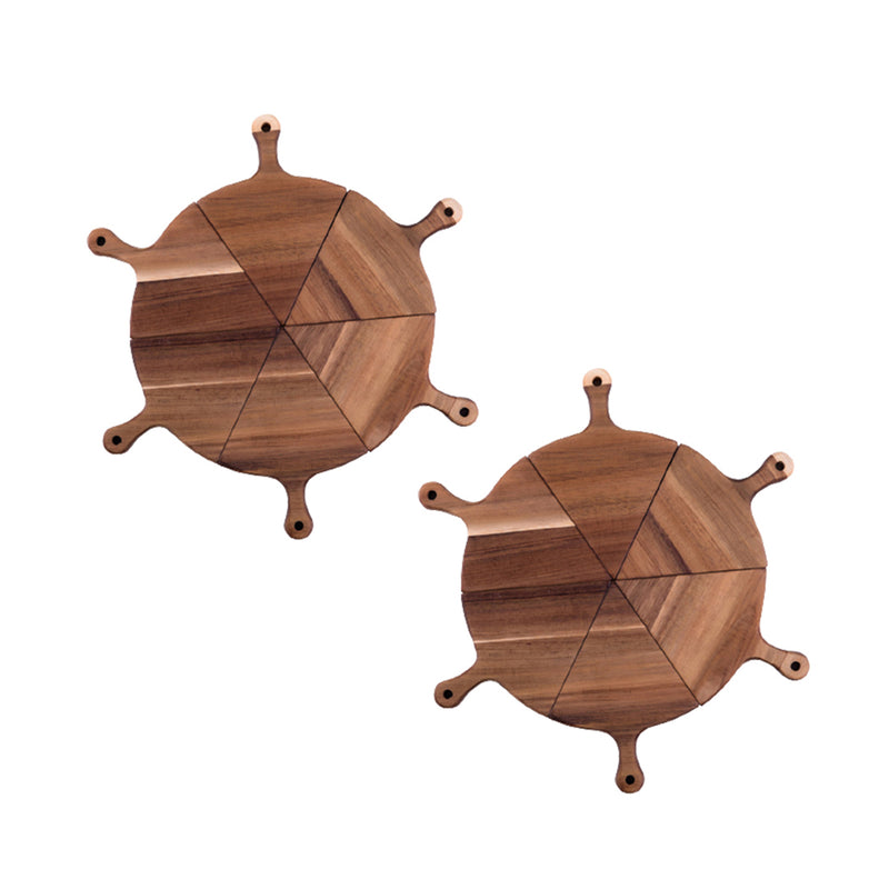 2X 6 Pc Acacia Wood Round Pizza Serving Boards 42cm Brown