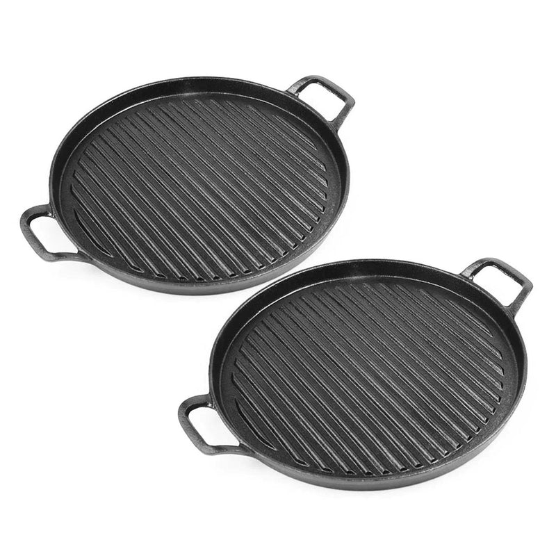 2X 30cm Ribbed Cast Iron Frying Pan Pre-Seasoned Non-Stick Sizzle Platter