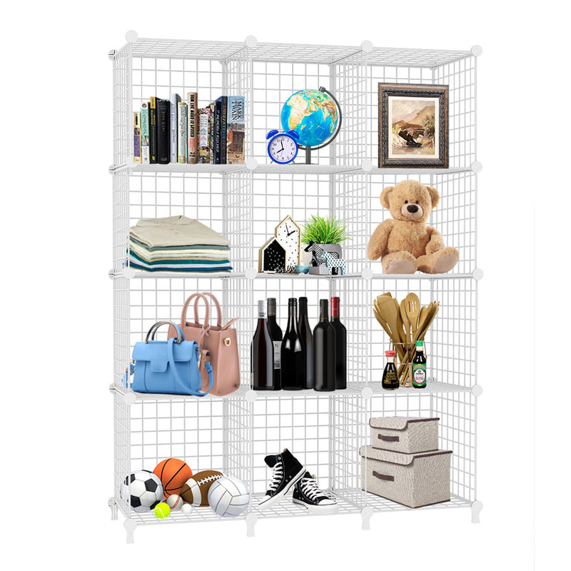 White Portable 12 Cube 3 Column Iron Wire Mesh Storage Organizer 110x37x113cm