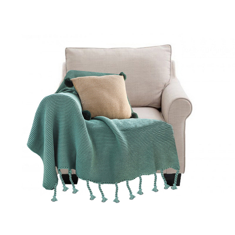 Green Tassel Fringe Knitted Throw Blanket 130x170cm 100% Acrylic Waffle Weave