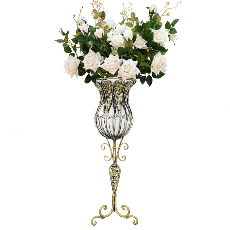 85cm Clear Glass Tall Floor Vase Gold Metal Base 12pcs White Artificial Flowers
