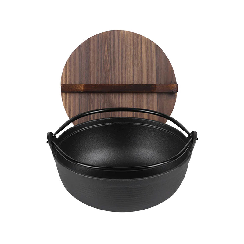 Sukiyaki Nabe 29cm Cast Iron Hot Pot Wooden Lid Stovetop 1 To 2 Person Nonstick