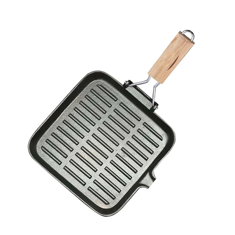 Cast Iron Square Grill Pan 24cm Ribbed Steak Skillet Folding Wooden Handle