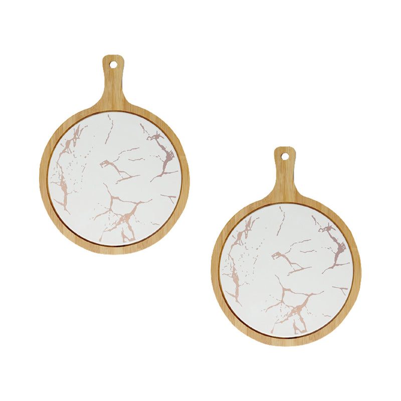 2X 30cm White Circle Wood Serving Trays Removable Slate Center