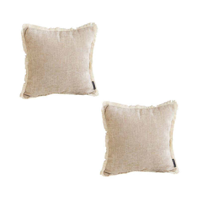 2X 45Cm Square Chenille Polyester Throw Pillow With Tassels Latte