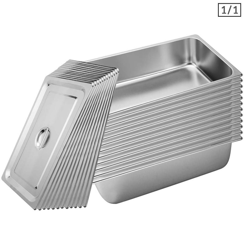 12X Gastronorm 1/1 Full Size Stainless Steel Pan 15cm Deep Stackable With Lid